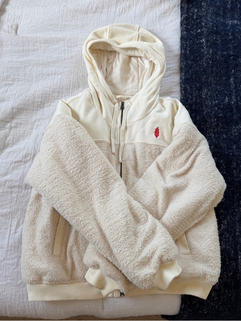 FP Movement by Free People Cream Sherpa Zip Hoodie with Red Leaf Logo